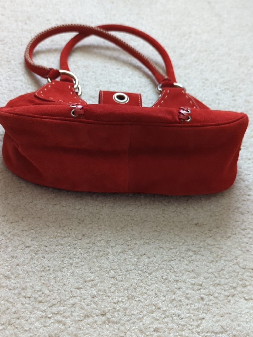 Prada Moon Red Suede Shoulder Bag with Silver-Tone Rings Like 🆕 - Picture 4 of 12